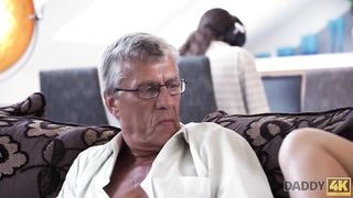 DADDY4K. Taboo hookup of elder fellow and saucy black-haired concludes with spunk in facehole