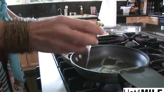 Ample jug black-haired COUGAR gets ravaged in the kitchen