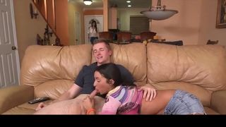 Dark haired doll is providing a oral gusto to her beau, in front of her step- mummy