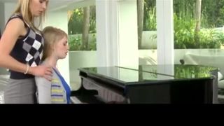 Crimson-Red-Super Hot platinum-light-haired teen is about to have a 3 way with her boyfriend and her step- mommy