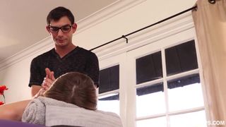 Dirty minded step step-sista is deep-throating her step brother’s humungous beef whistle, on the massage table