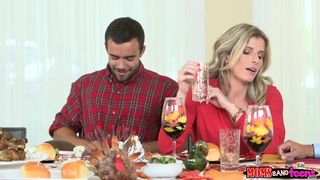 Mischievous teenager is deep deepthroating her boyfriend's trouser snake from under the table, during a family lunch