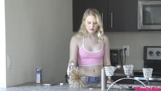 Appetizing blondie is throating a rock rock-rigid cock, while her step- sista is trying to join