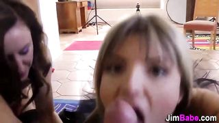 Smallish ash-blonde stunner is about to have a ffm 3some with her step- mother and her paramour