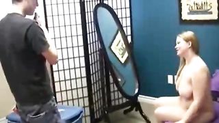 Round light-haired honey is chatting on the phone while providing a hj to her step- step-brother