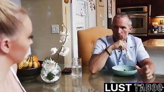 Whorish blondie student is blackmailing her step- parent, just because she wants to rail his man meat