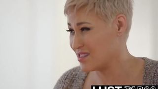 Brief haired blondie damsel with enormous globes is munching vulva and instructing her step- daughter-in-law to splatter