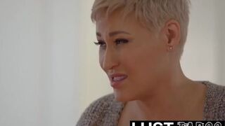 Brief haired light-haired female with immense fun bags is munching twat and instructing her step- daughter-in-law-in-law-in-law to bust