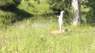 Outside. Naughty beach. Random passerby dude by sea spotted nude dame sunbathing. Outdoor. Naturist