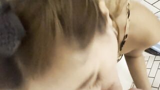 Seduced his little stepmother in the bathroom for a blowjob and sex.