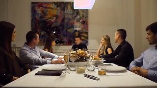 Mainstream Explicit Movie Scene. Group Secret Blowjob Under the Table at Dinner