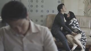 While the husband sleeps in a wheelchair, the wife and her lover caress each other