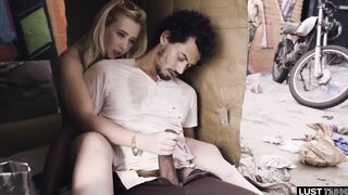 Beauty Blonde Saw a Sleeping Homeless Man with a Huge Cock