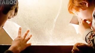 The boys are peeping at the excited maid.