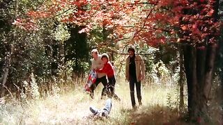 Three pervy men fucked a beauty in the forest. Forced retro sex scene